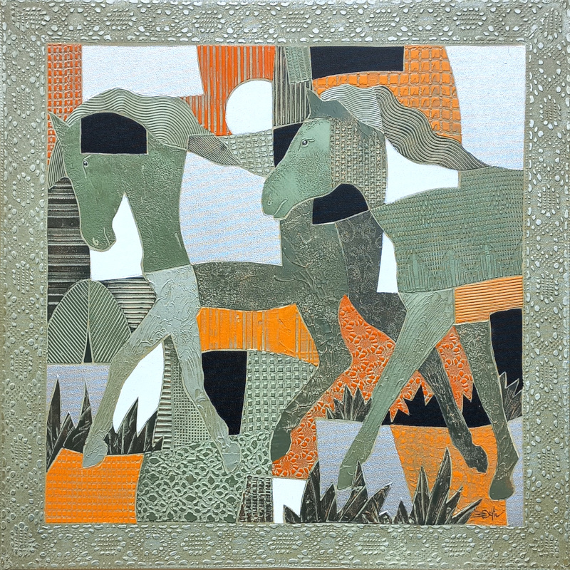 60x60cm CHEVAUX. Bronze et orange